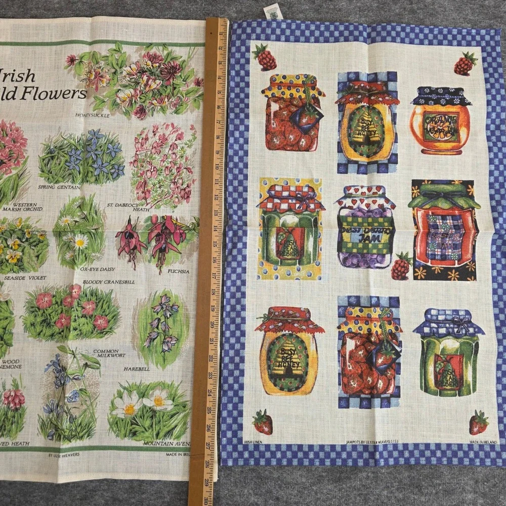 VTG 2 Pairs Ulster Weavers Irish Linen‎ Tea Towels Wild Flowers Jam Jars Kitchen